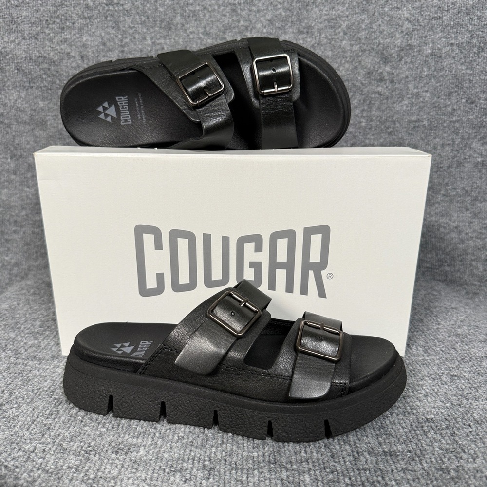Cougar Womens Size 8 Slide Sandals Black Leather Luxmotion Double Strap Buckled